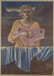 Studie af en kvinde med et musikinstrument, 1895 (Farvet kridt med guldmaling og akvarel)